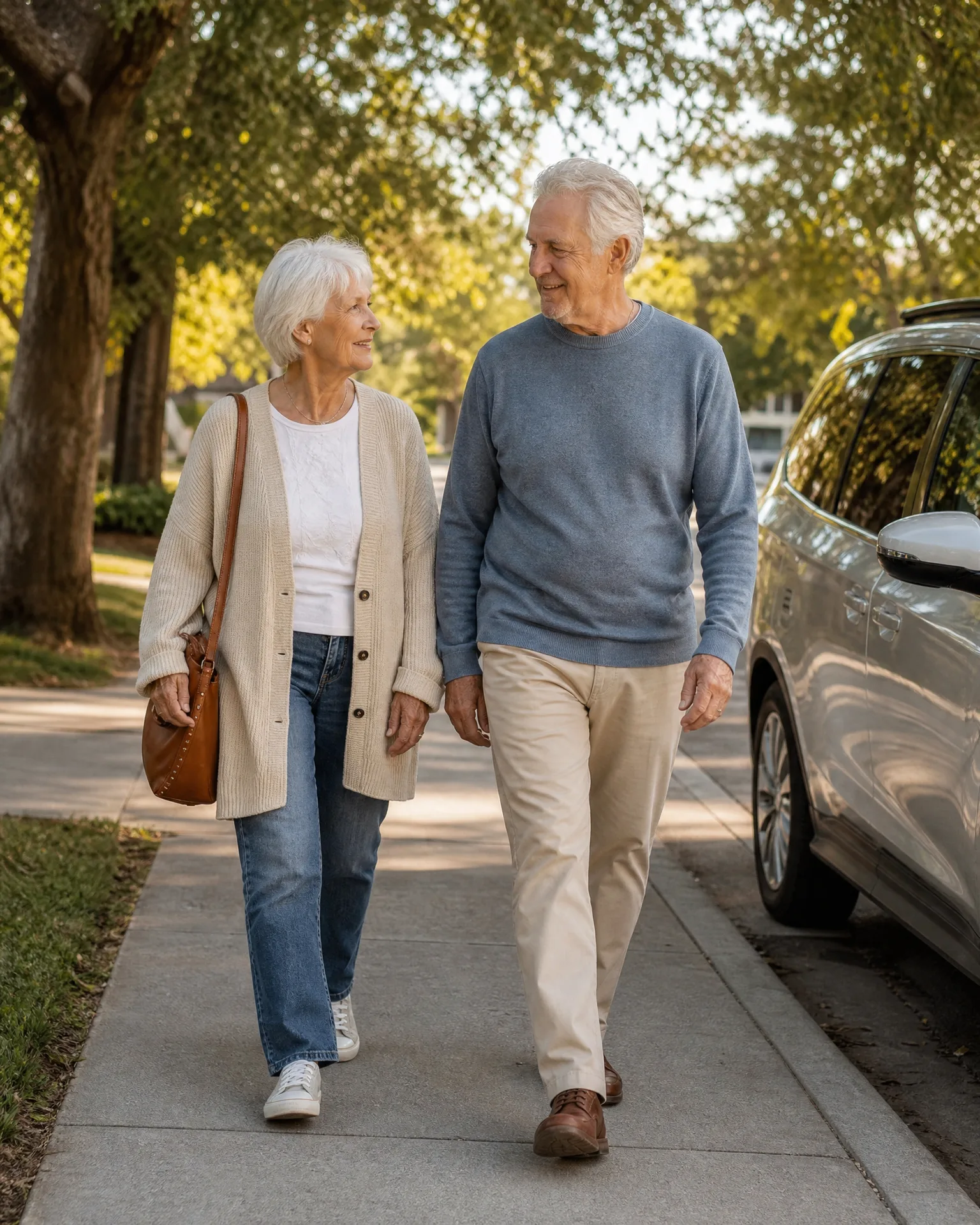 An older couple walks side by side on a concrete sidewalk lined with trees, with a parked silver SUV at the right.