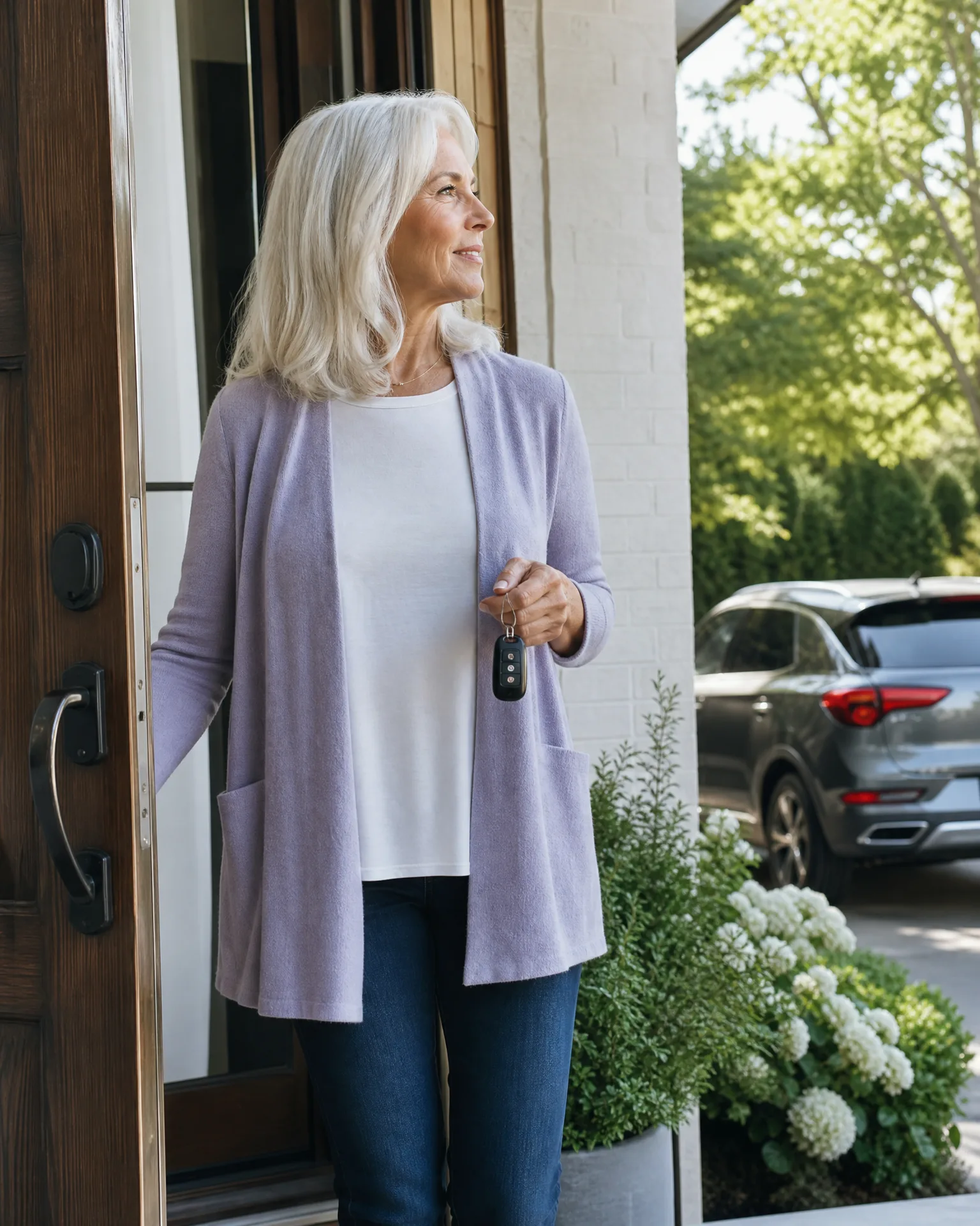 A woman with light blonde hair, wearing a lavender cardigan, white top and jeans, stands in an open doorway holding a car key fob, with a painted brick wall, flowering shrubs and a silver SUV in the driveway behind her.