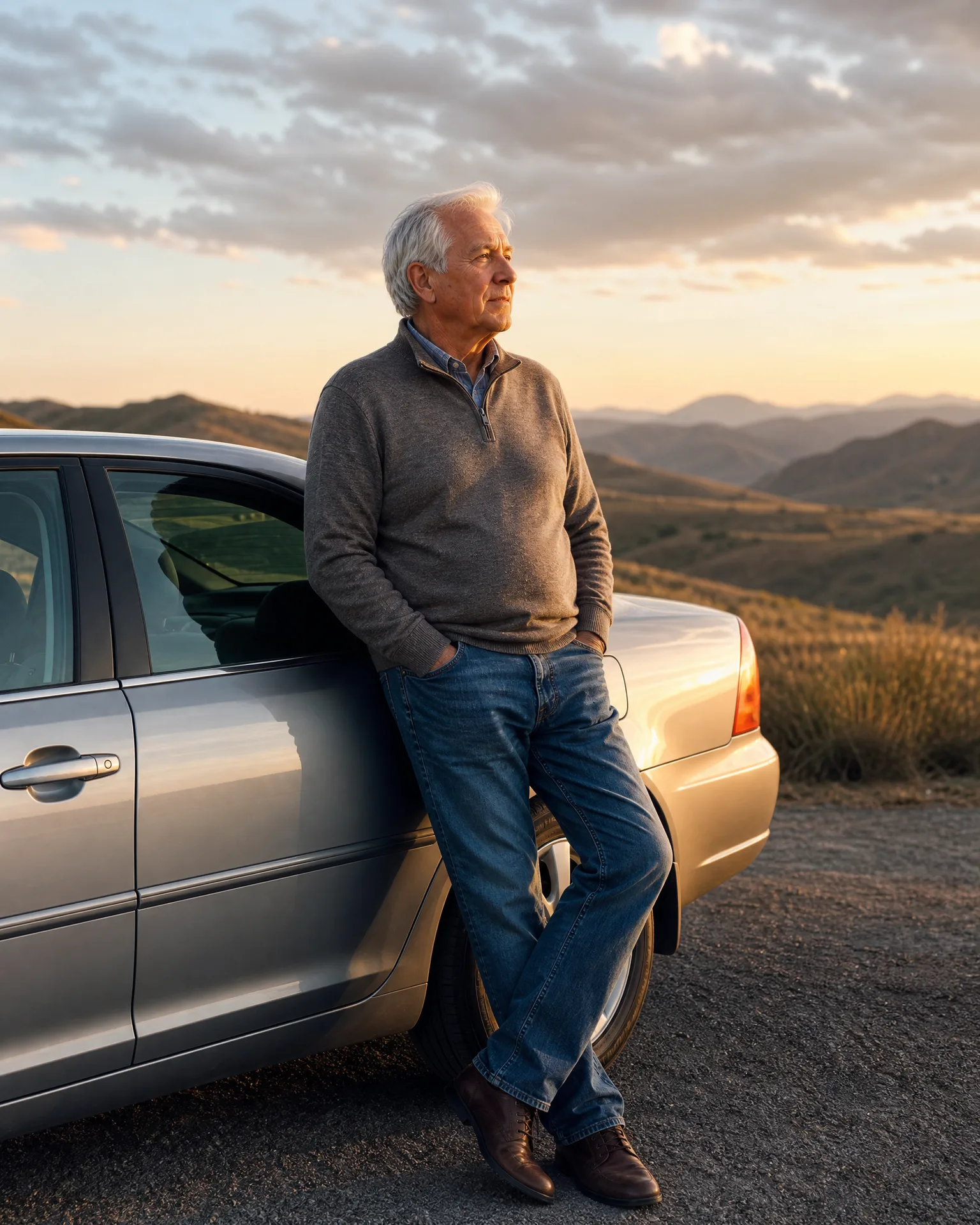 An older man with white hair in a gray sweater and jeans leans against the side of a silver sedan parked on gravel, looking out over rolling hills at sunset.