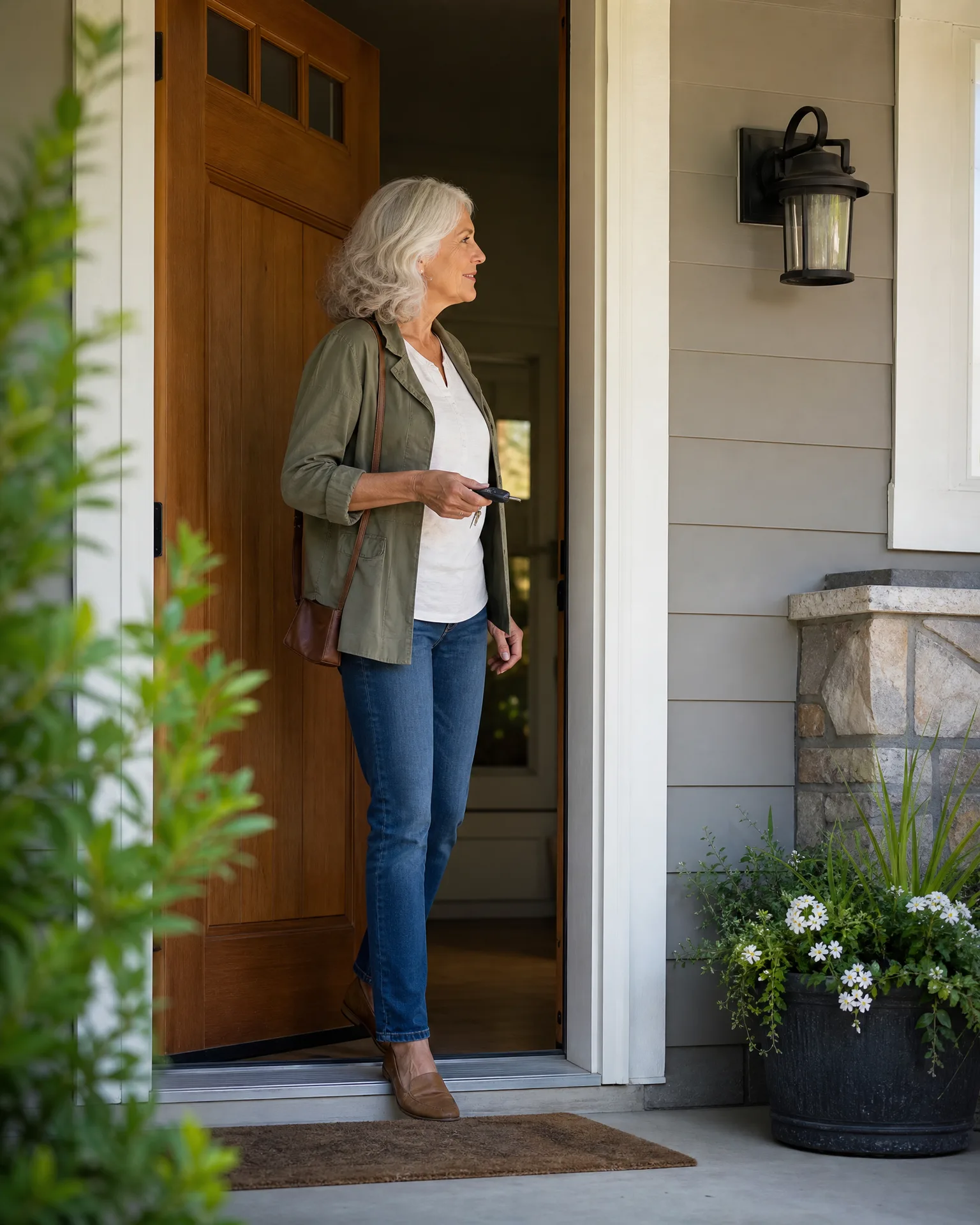A woman with gray hair in an olive jacket, white top, and jeans steps out of a wooden front door onto a porch with a lantern wall light, stone column base, and a planter of white flowers.