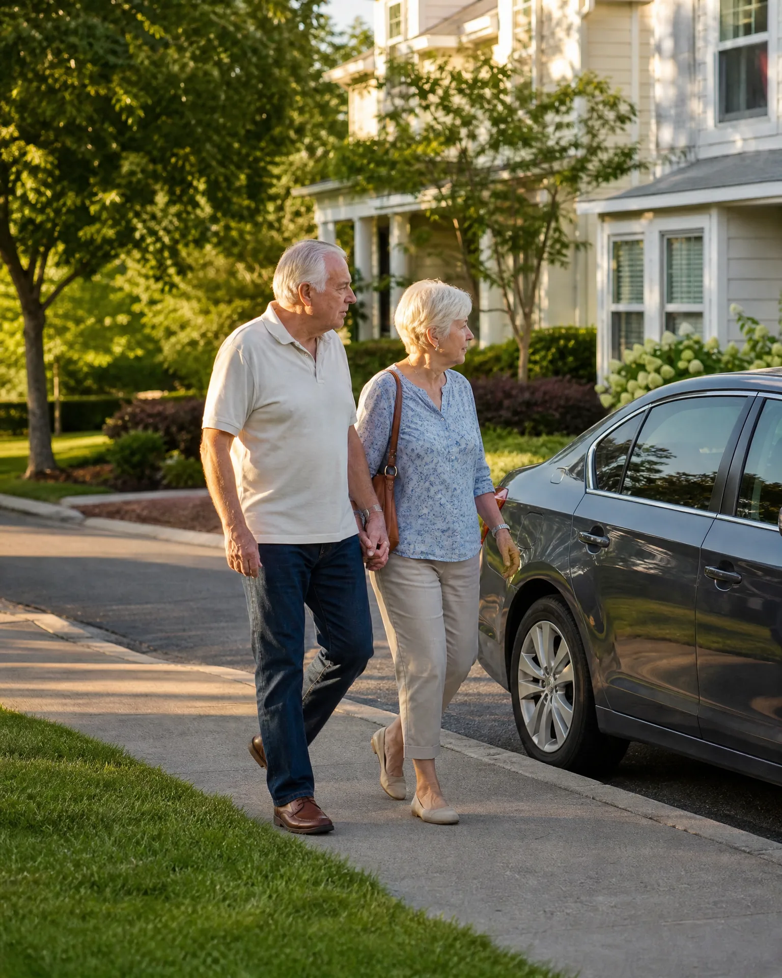 An older man and woman walk hand in hand along a concrete sidewalk past a dark parked sedan, with houses, trees and a lawn in the background.