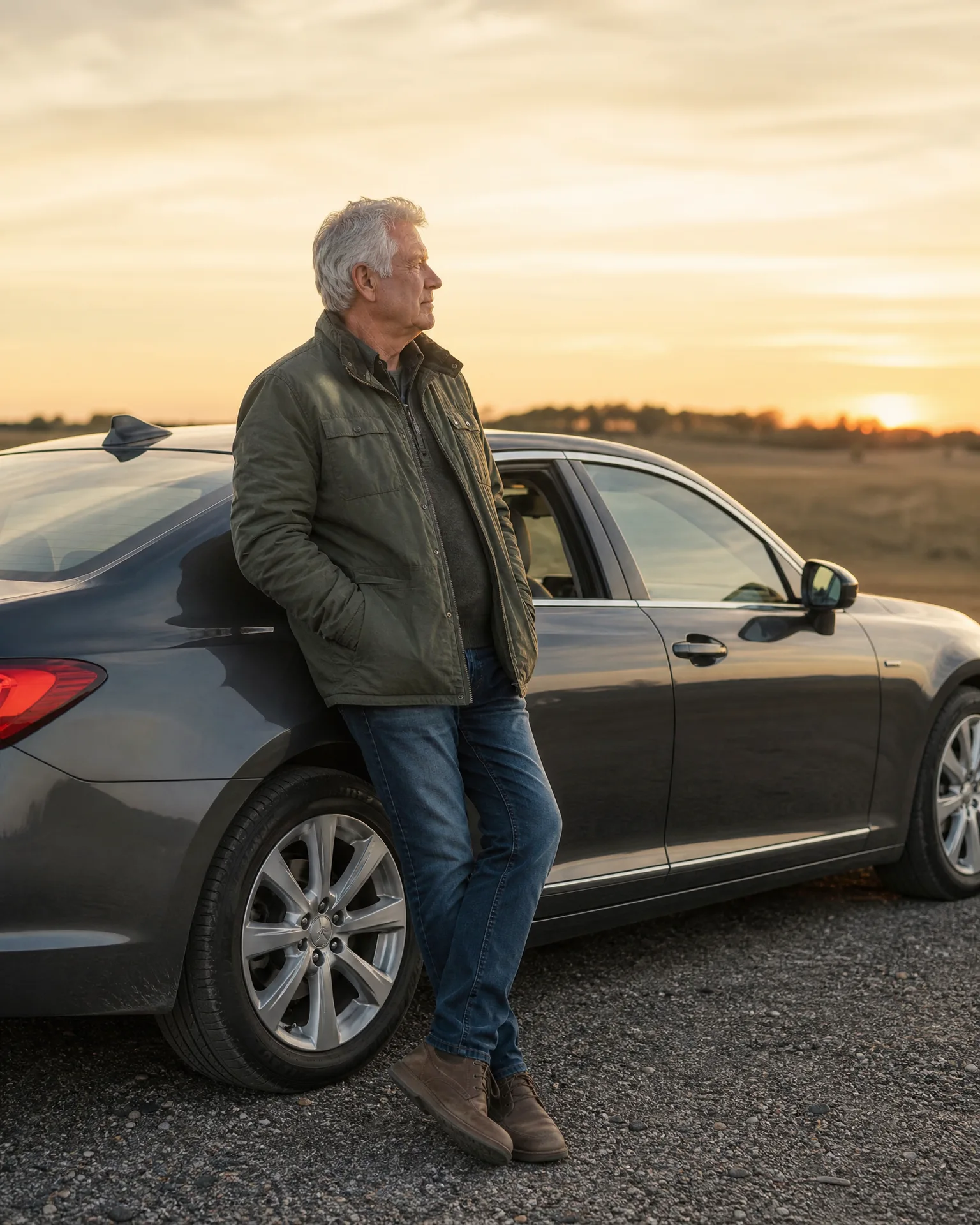 A gray-haired man in a dark green jacket and jeans leans against the side of a dark gray sedan parked on gravel, with flat open land and a sunset sky behind.