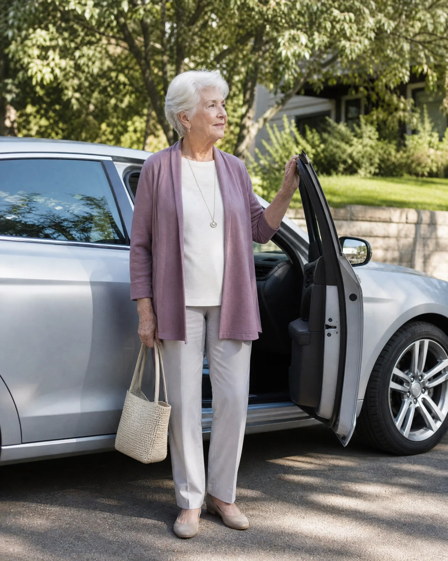 An older woman with white hair, wearing a pink cardigan, white top and pants, holds a woven tote bag while standing beside the open rear door of a silver car on a paved driveway with trees and a stone retaining wall behind.