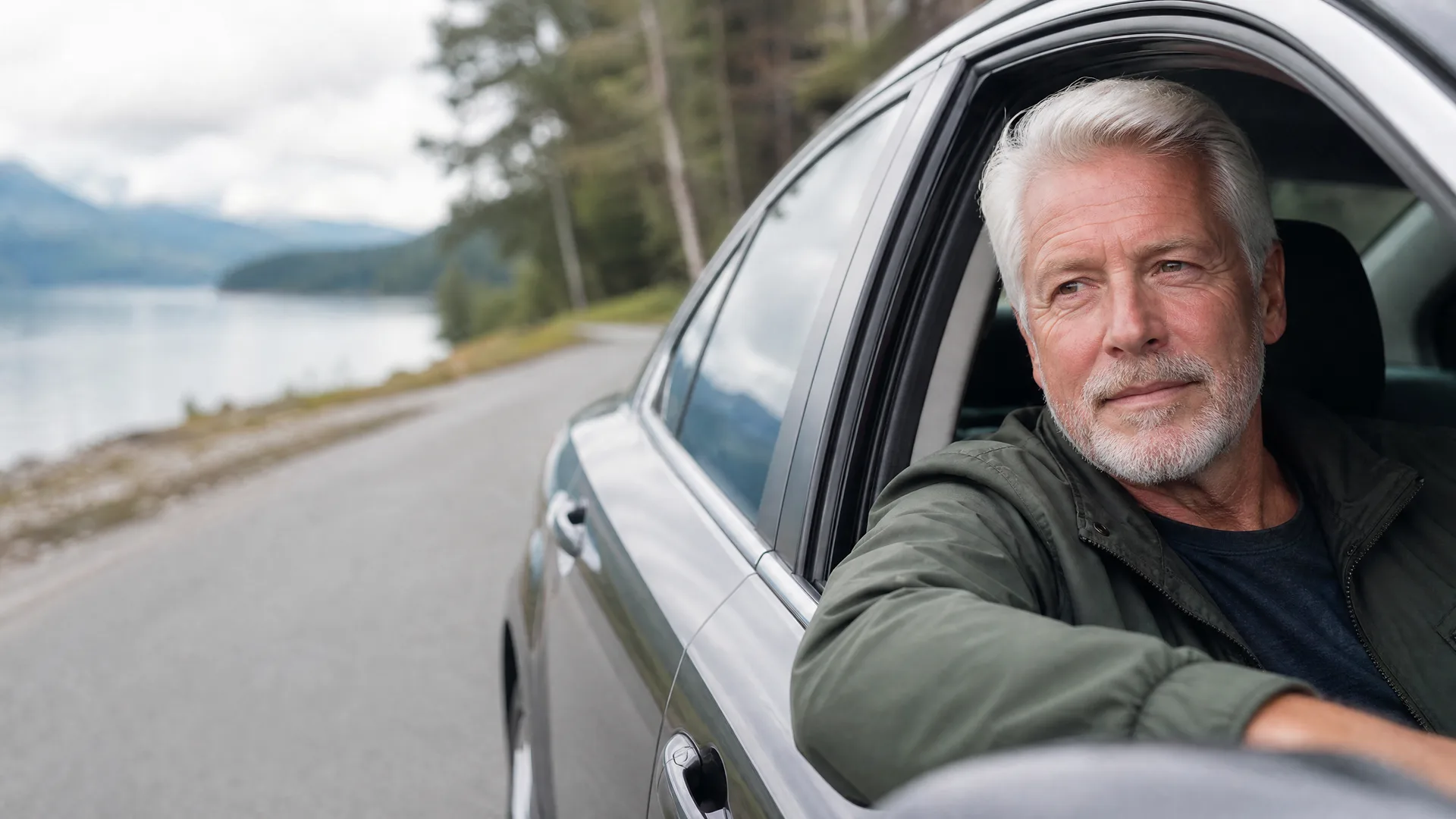 A gray-haired man in a green jacket leans out of the open window of a dark car parked on a paved road beside a lake with forested hills in the background.