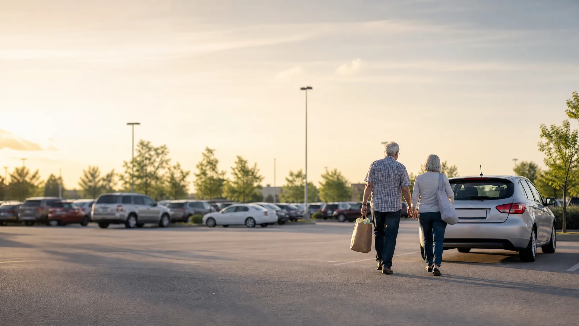 An older couple carrying a paper bag walks hand in hand across a parking lot toward a silver hatchback at sunset, with rows of parked cars, trees and light poles behind them.