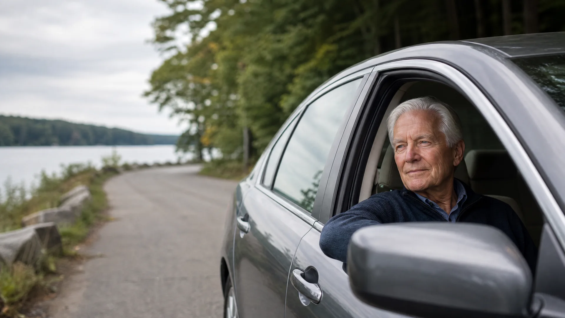 An older man with white hair rests his arm on the open window of a gray sedan parked on a paved road beside a lake and wooded shoreline.