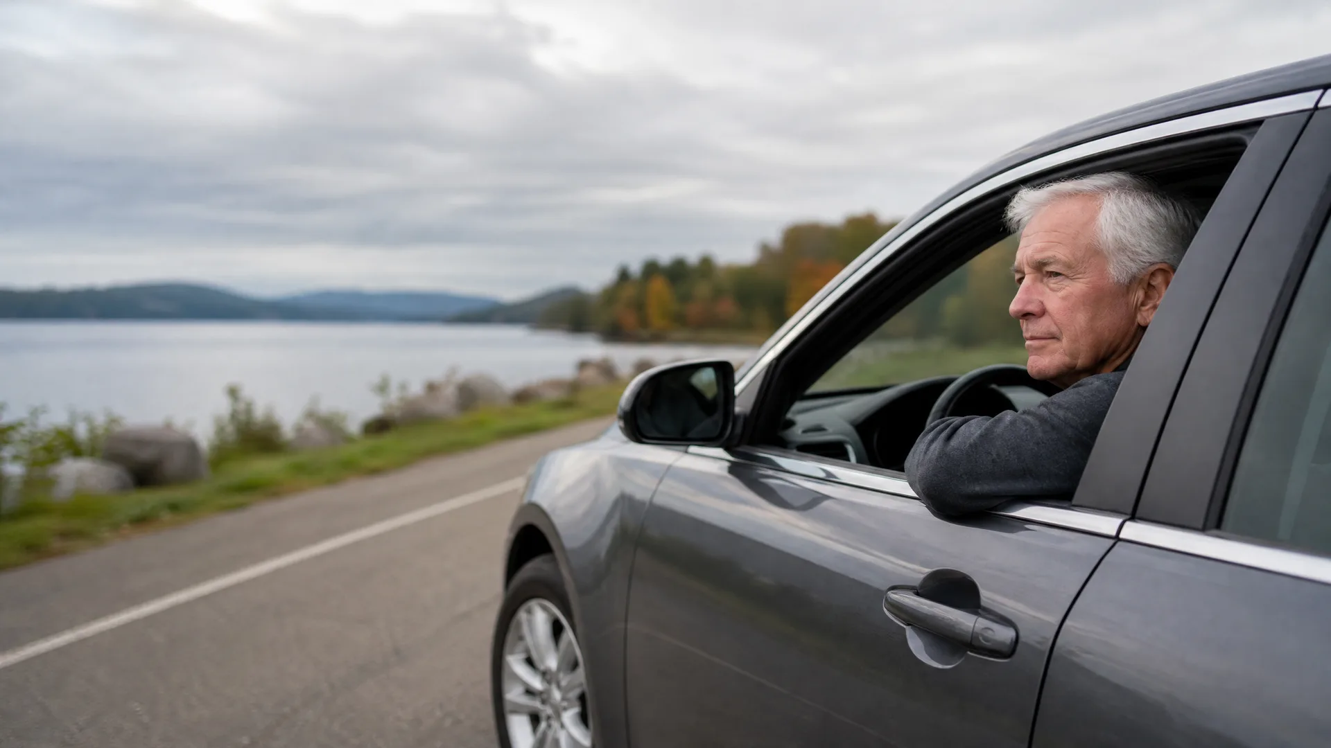 An older man with white hair rests his arm on the open window of a dark grey car parked on a roadside beside a lake, with low hills and autumn-tinted trees in the background under an overcast sky.