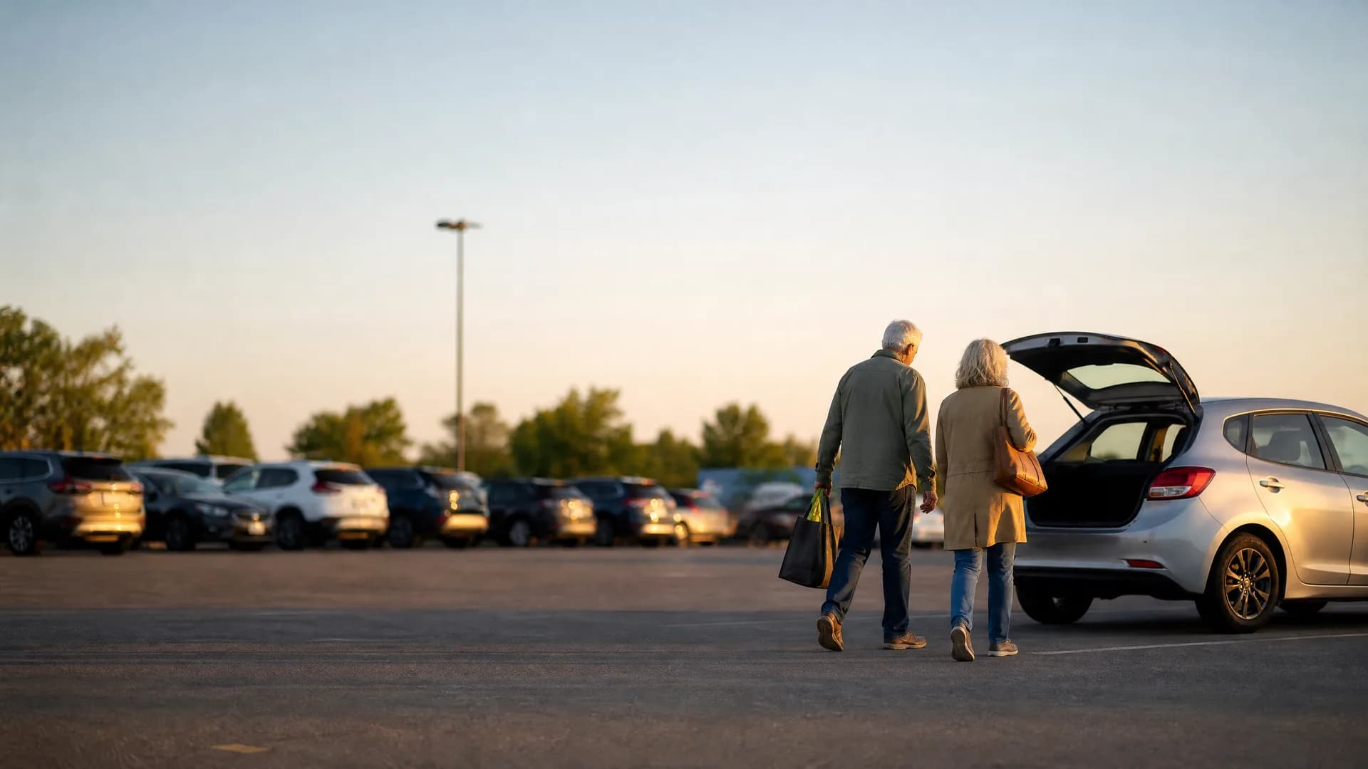 An older man and woman carrying bags walk toward a silver hatchback with its tailgate open in an open parking lot at sunset, with a row of parked cars and trees in the background.