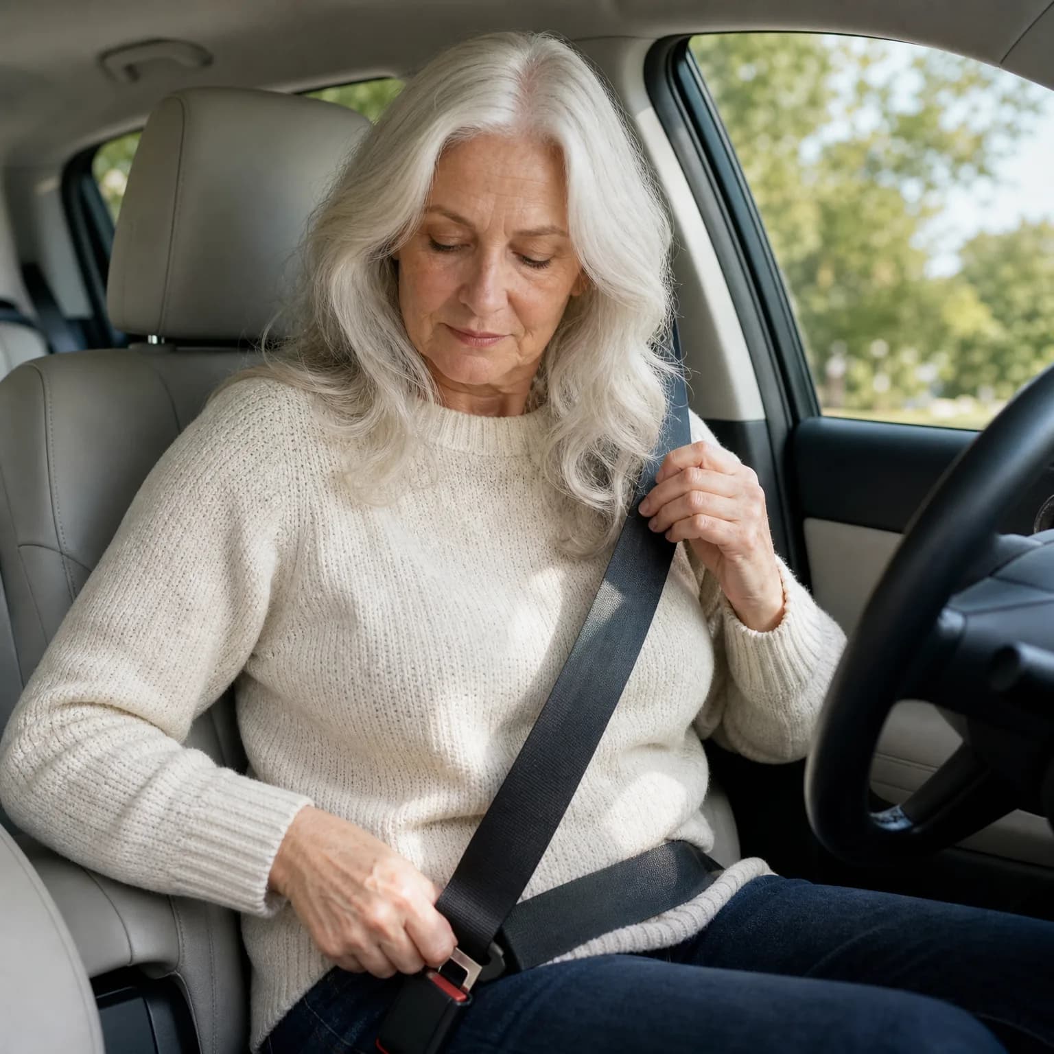 An older woman with long white hair and a cream knit sweater sits in a car's driver seat, pulling the seat belt across her body toward the buckle, with green trees visible through the window.