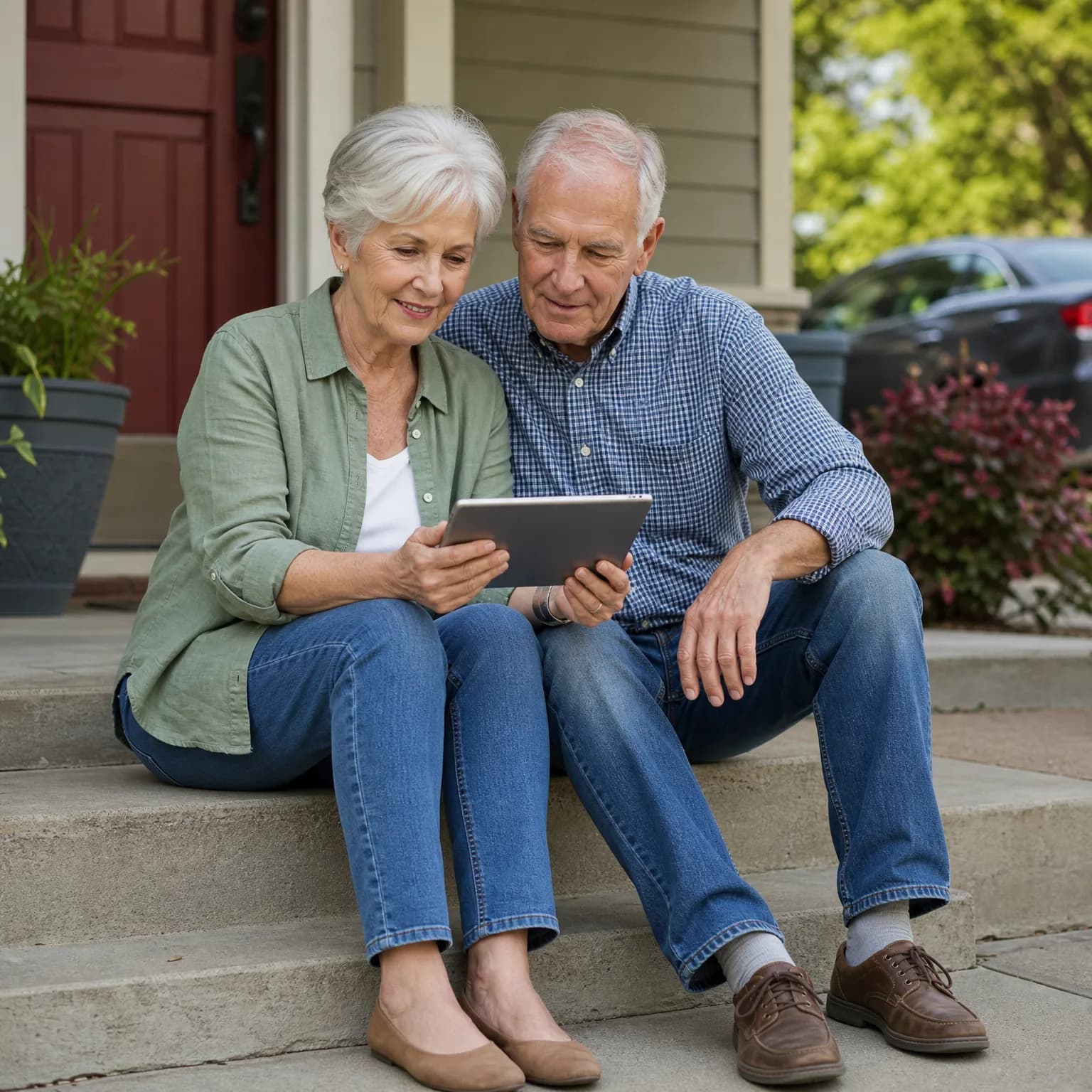 An older woman in a green shirt and an older man in a checked shirt sit together on concrete front steps looking at a tablet, with a red door, potted plant, flowering shrubs and a parked car behind them.