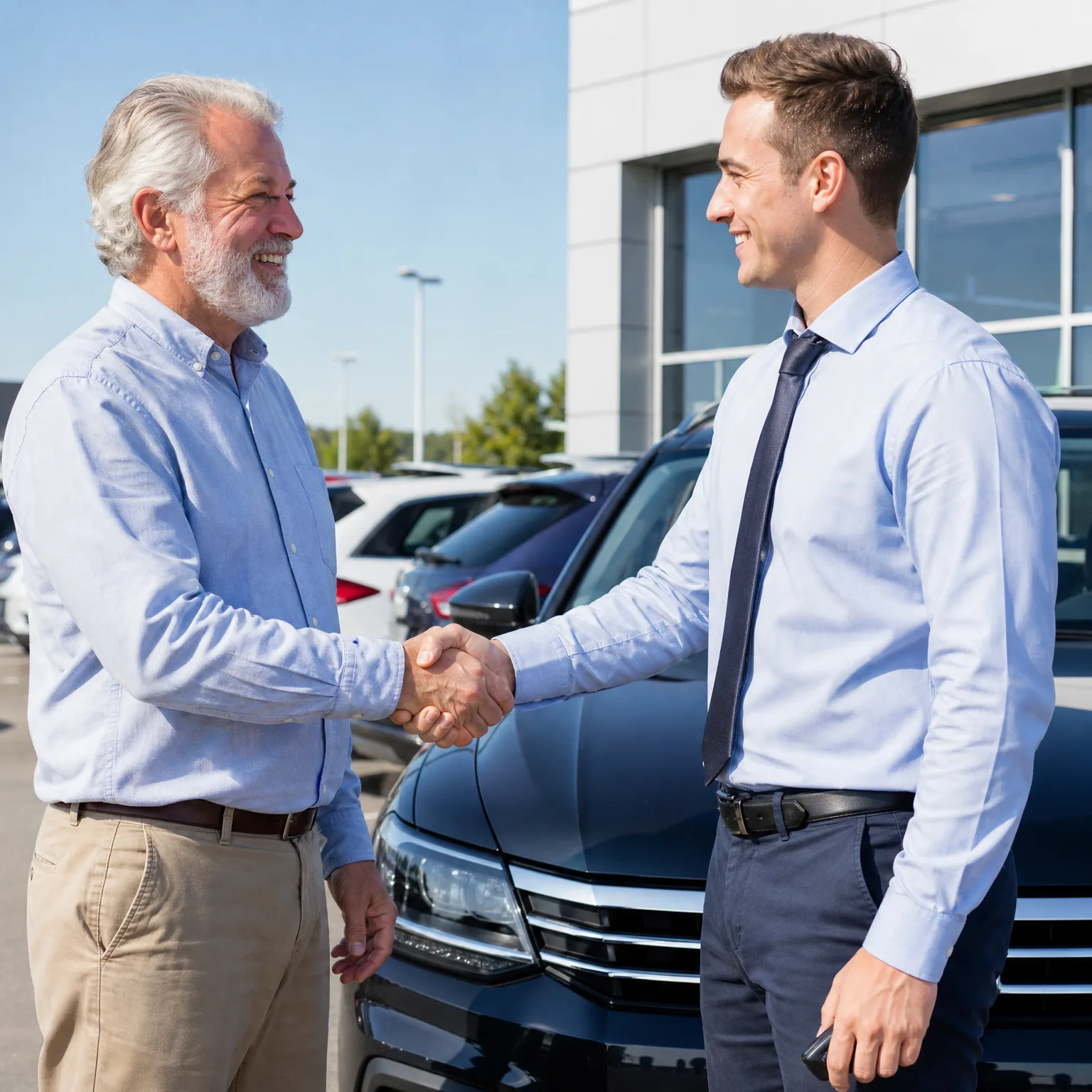Two men in light blue shirts shake hands in front of a dark SUV in an outdoor parking lot beside a glass-fronted building.