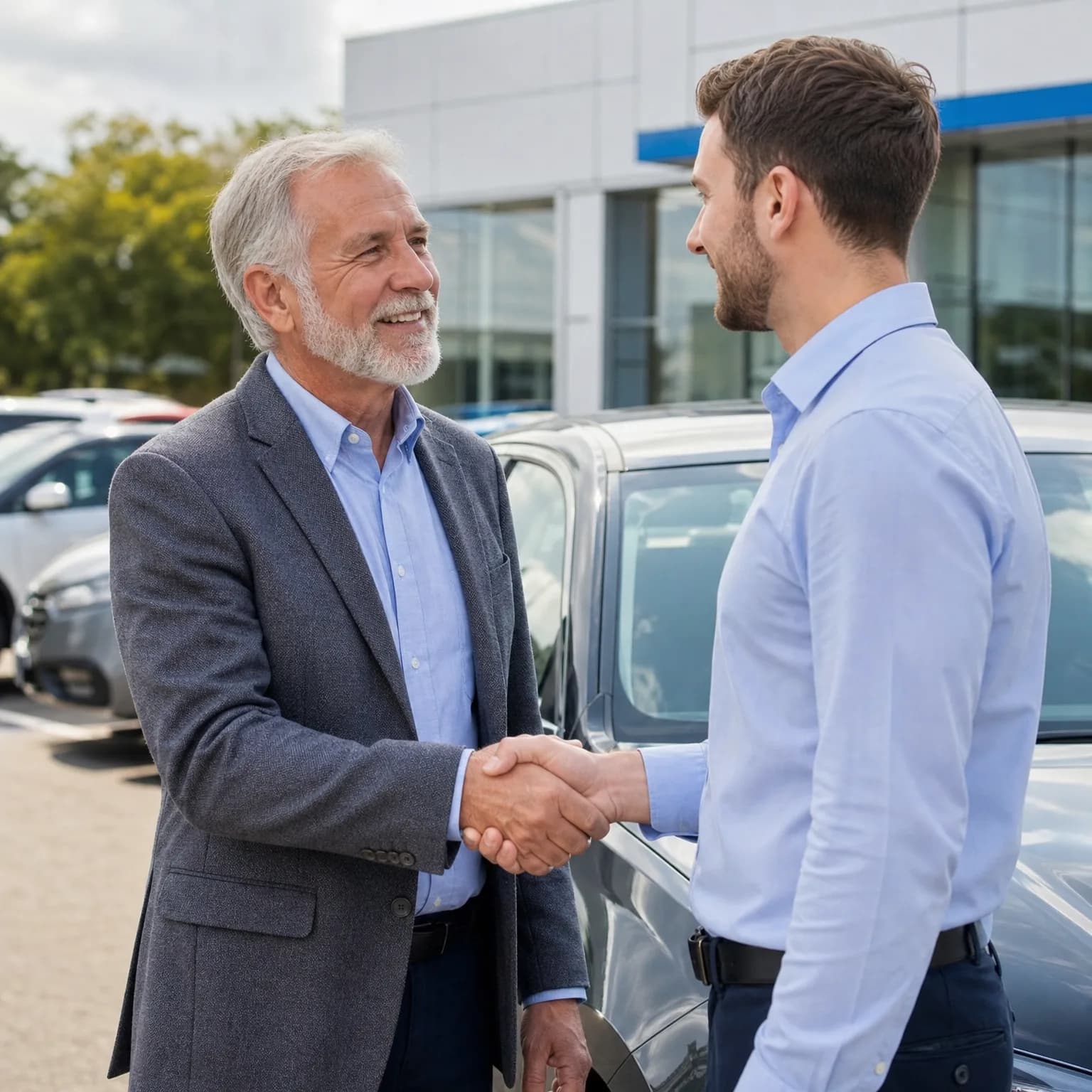 Two men shake hands outdoors beside a dark car in a lot of parked vehicles, in front of a white building with large windows.