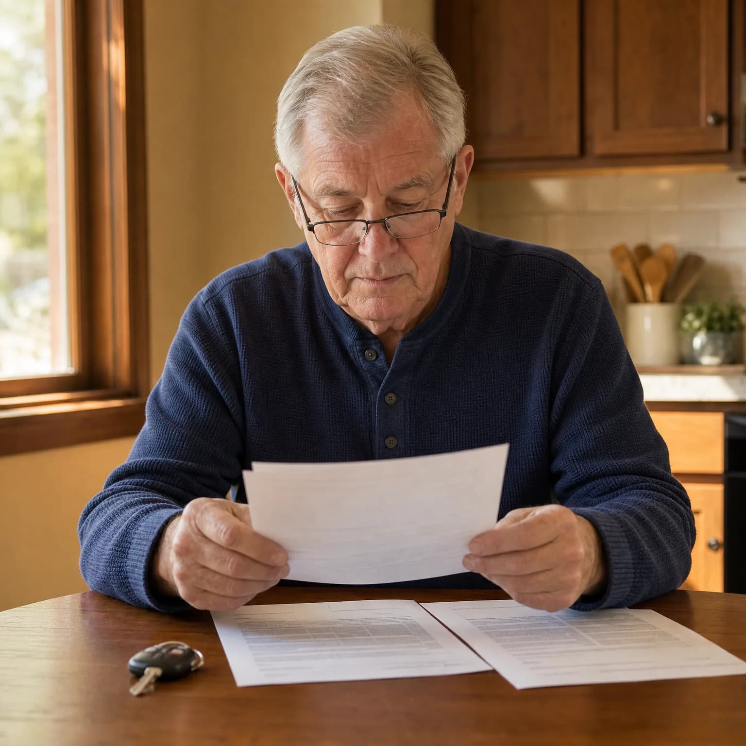 An older man in a blue sweater and glasses sits at a wooden kitchen table reading a sheet of paper, with more documents and a set of keys on the table.