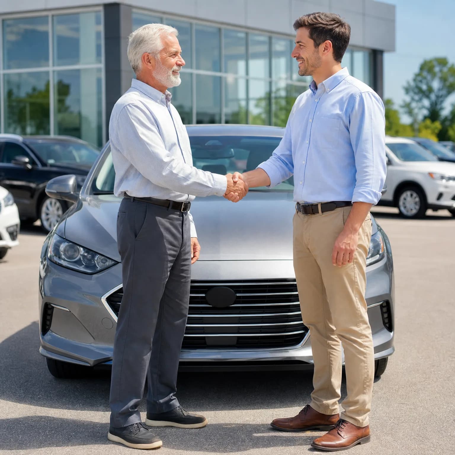 Two men shake hands in front of a silver sedan on a paved lot outside a glass-fronted building, with other vehicles and trees in the background.