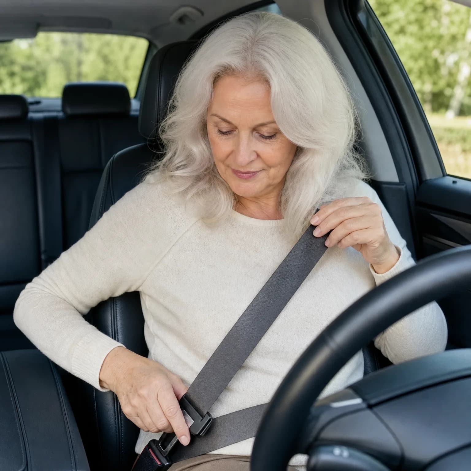 An older woman with long white hair in a cream sweater sits in a car's driver seat, fastening her seat belt buckle, with green trees visible through the window.