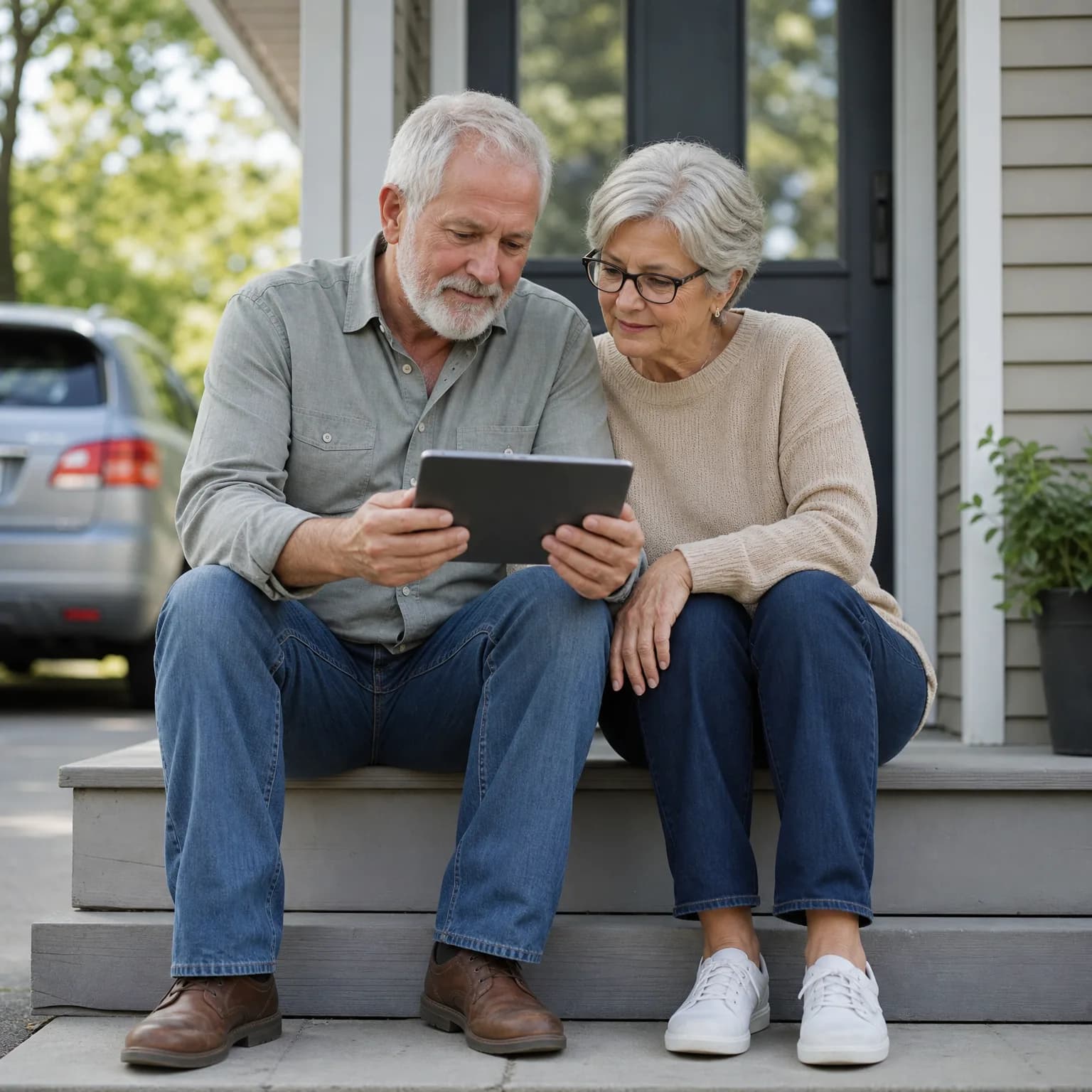 An older man and woman sit together on gray porch steps of a house with horizontal siding, looking at a tablet he holds, with a parked car and green trees in the background.