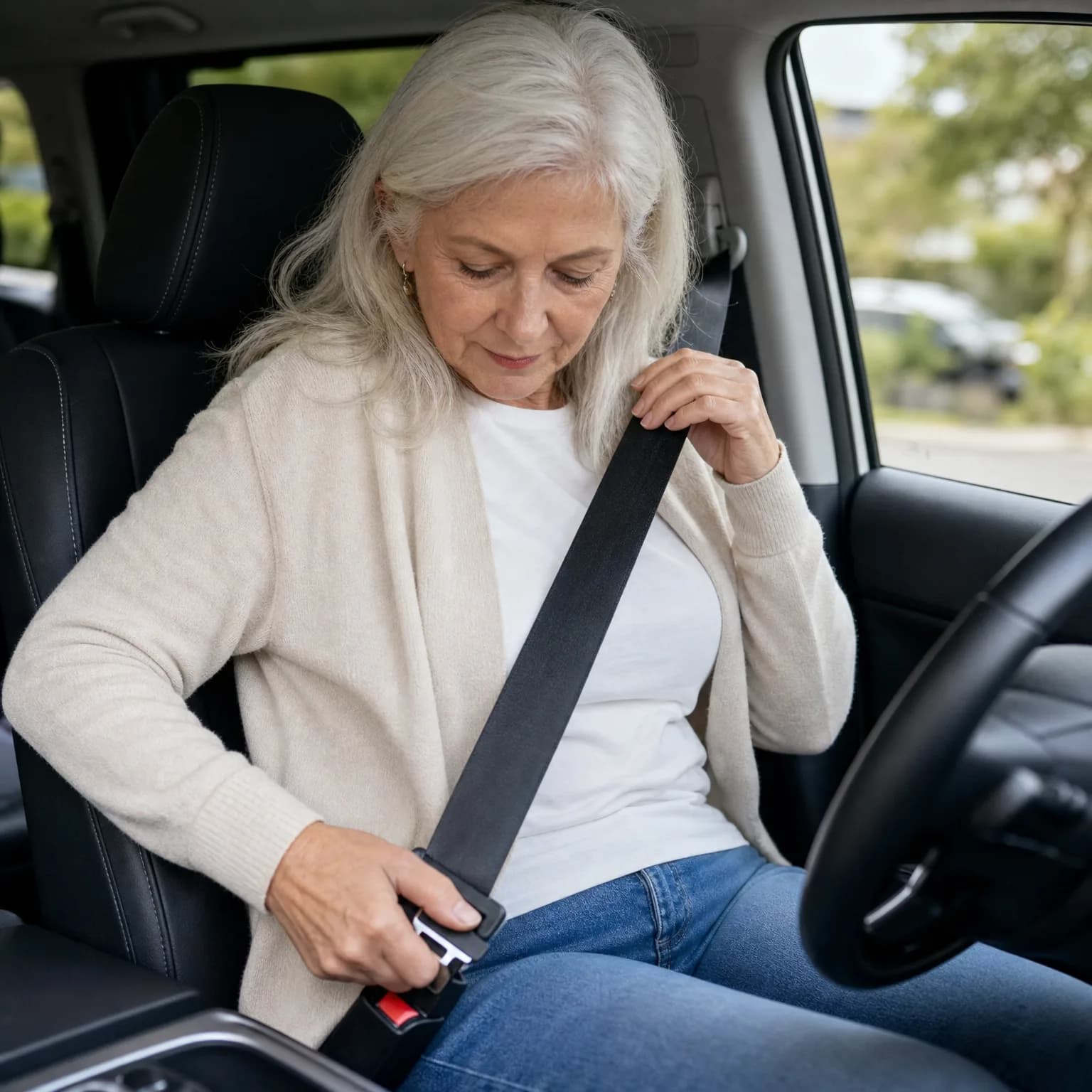 An older woman with long gray hair, wearing a cream cardigan over a white top and jeans, sits in a car's driver seat fastening her seat belt.