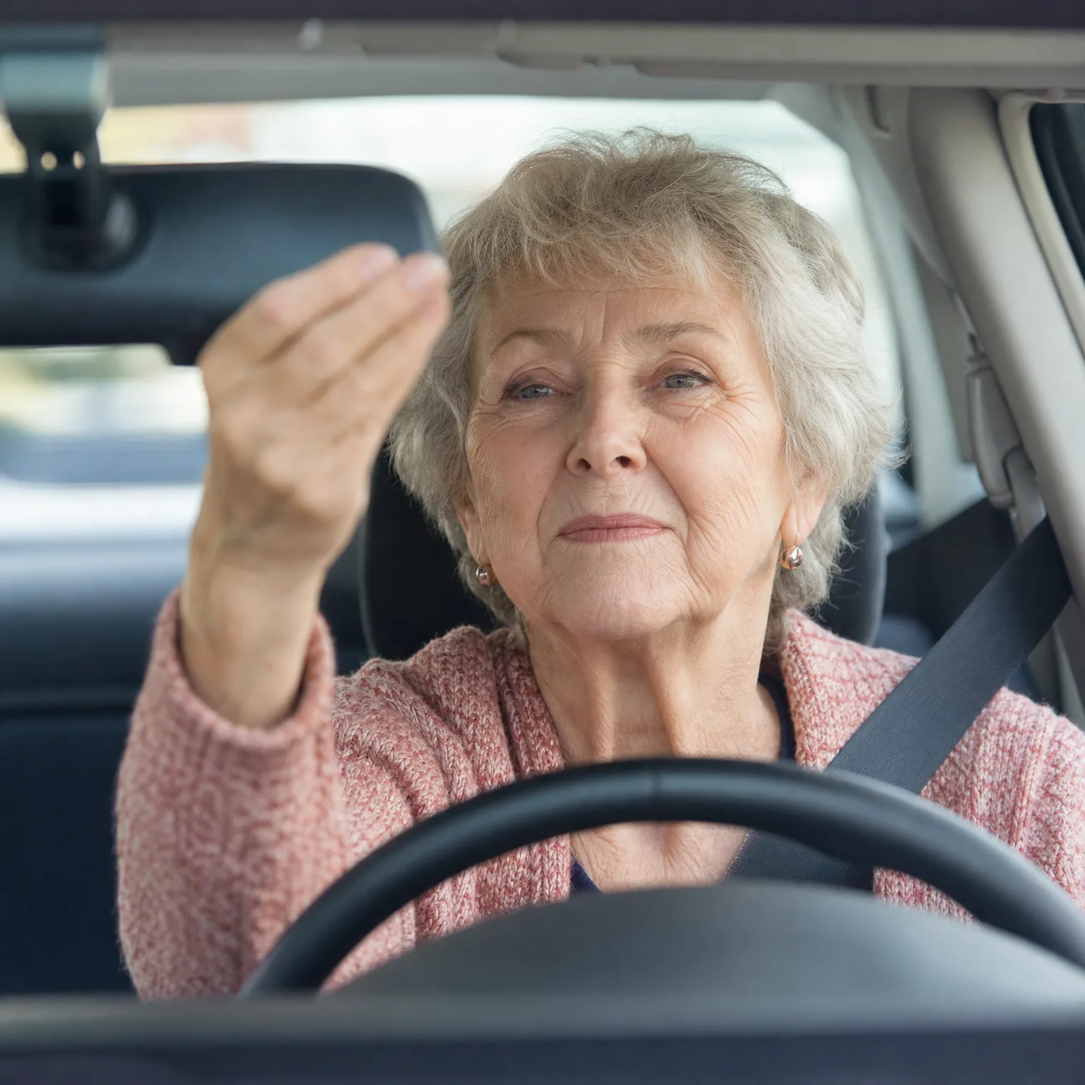 An older woman with short gray hair in a pink knit cardigan sits in a car's driver seat with a seatbelt on, one hand raised near the rearview mirror, viewed through the windshield above the steering wheel.