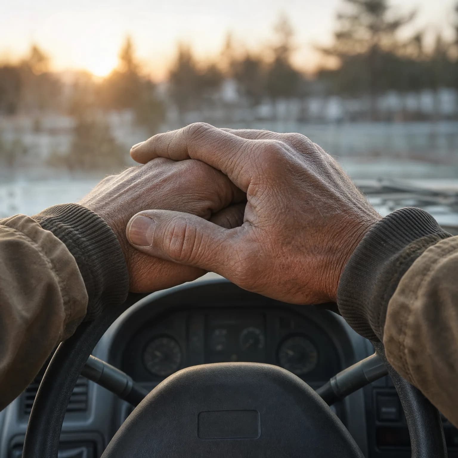 Close-up of a person's weathered hands clasped together resting on a vehicle steering wheel, with a blurred frost-covered landscape and conifer trees visible through the windshield at low sun.