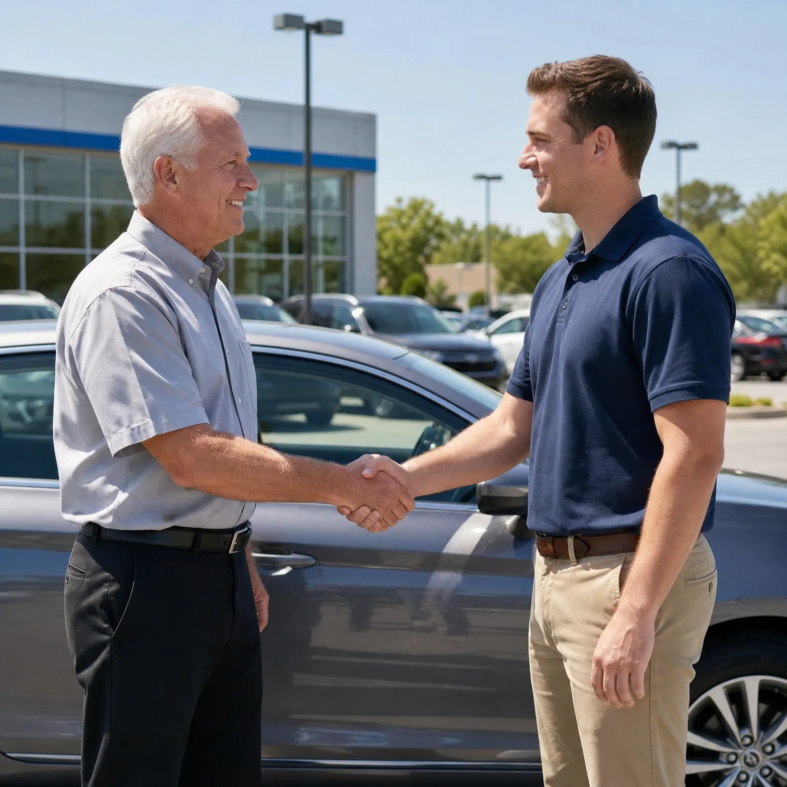Two men shake hands beside a gray sedan in an outdoor lot in front of a glass-fronted building, with more parked cars and trees behind them.