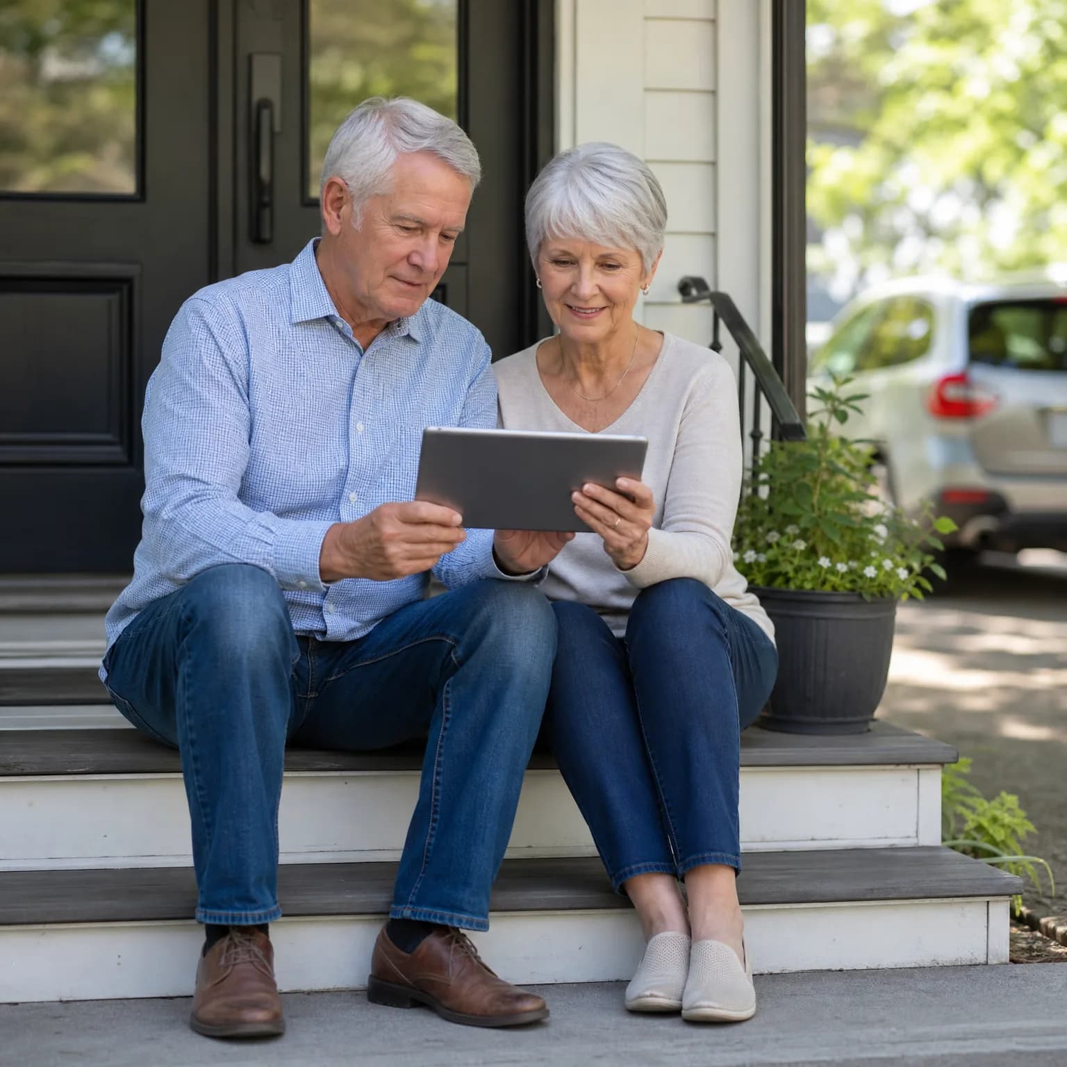 An older man and woman sit together on white front porch steps looking at a tablet, with a potted plant beside them and a parked car in the background.