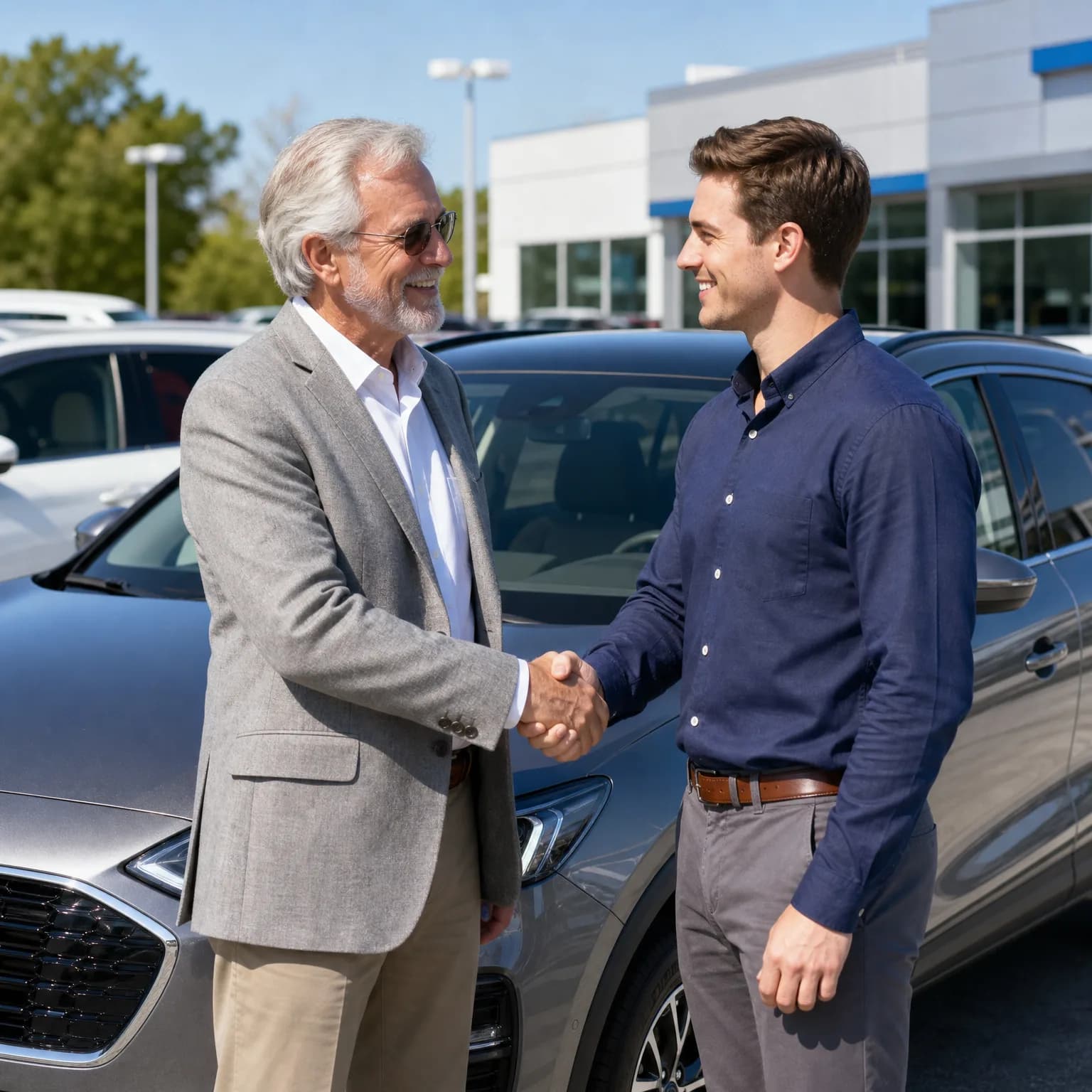 Two men shake hands in front of a silver SUV in an outdoor parking lot, with a white commercial building and more parked cars behind them.
