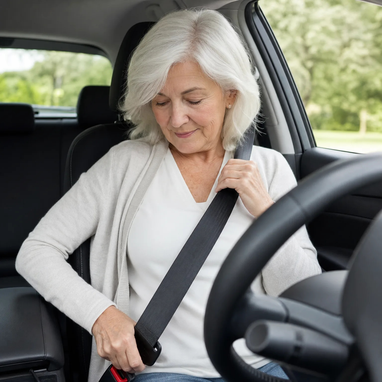 An older woman with white hair, wearing a white top and light cardigan, sits in a car's driver seat and fastens her seat belt, with green trees visible through the windows.