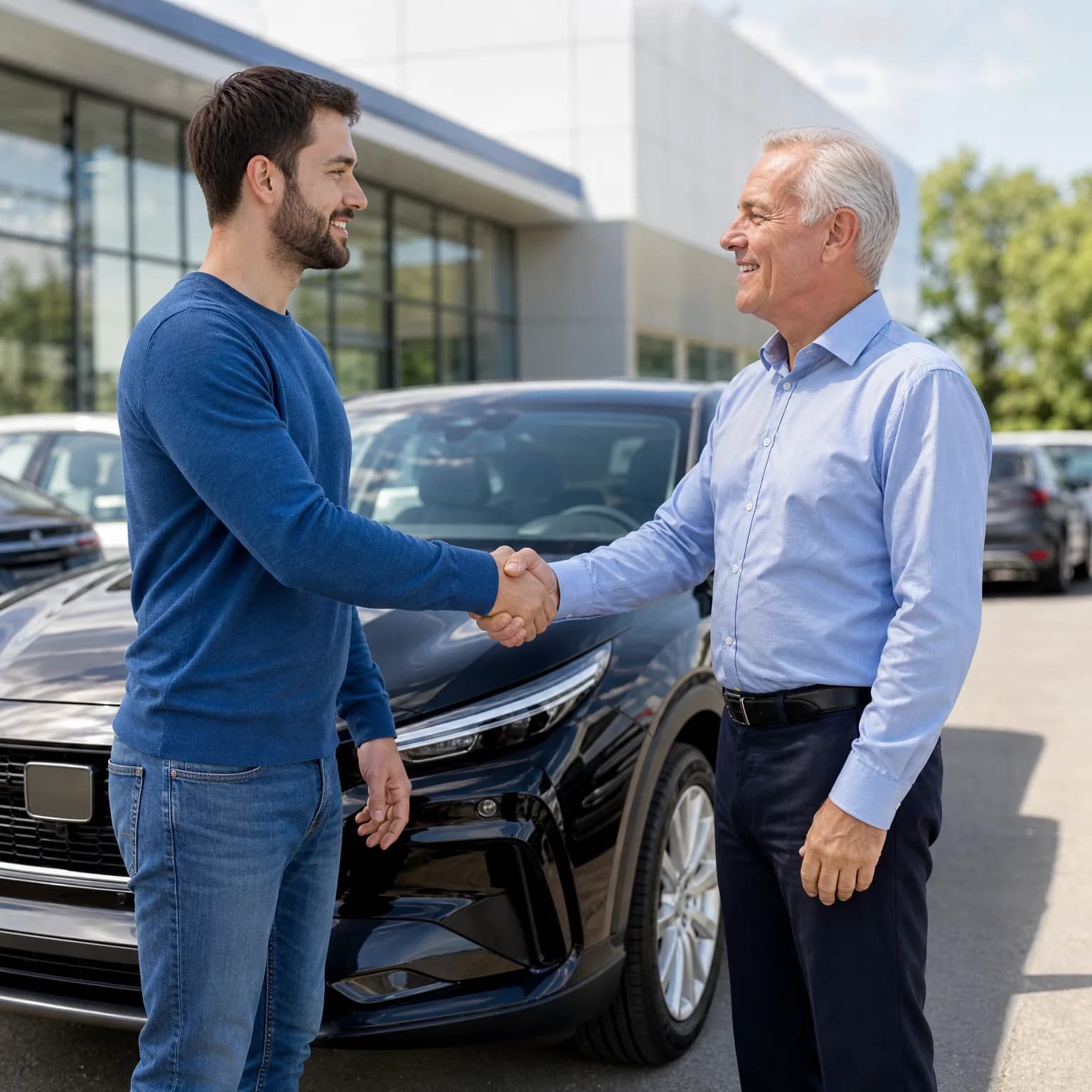 Two men shake hands in front of a black SUV in a paved lot beside a glass-fronted building, one in a blue sweater and jeans, the other in a light blue shirt and dark trousers.