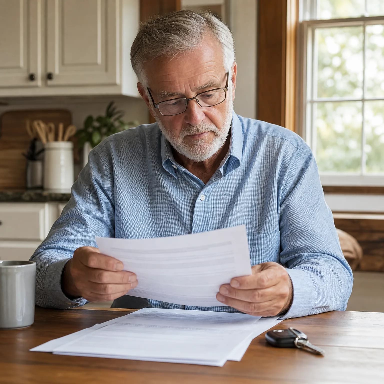 An older man with glasses and a gray beard, wearing a light blue button-down shirt, sits at a wooden table in a kitchen reading a printed document, with more papers, a set of keys, and a gray mug on the table and a window behind him.