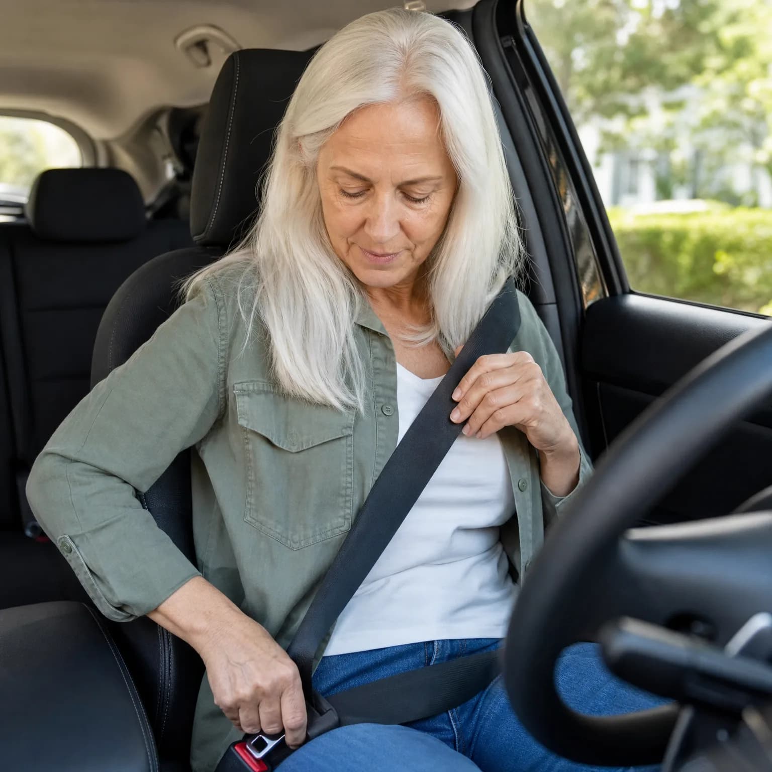 An older woman with long white hair, wearing a green shirt over a white top and jeans, sits in a car's driver seat and fastens her seat belt, with green foliage visible through the window.
