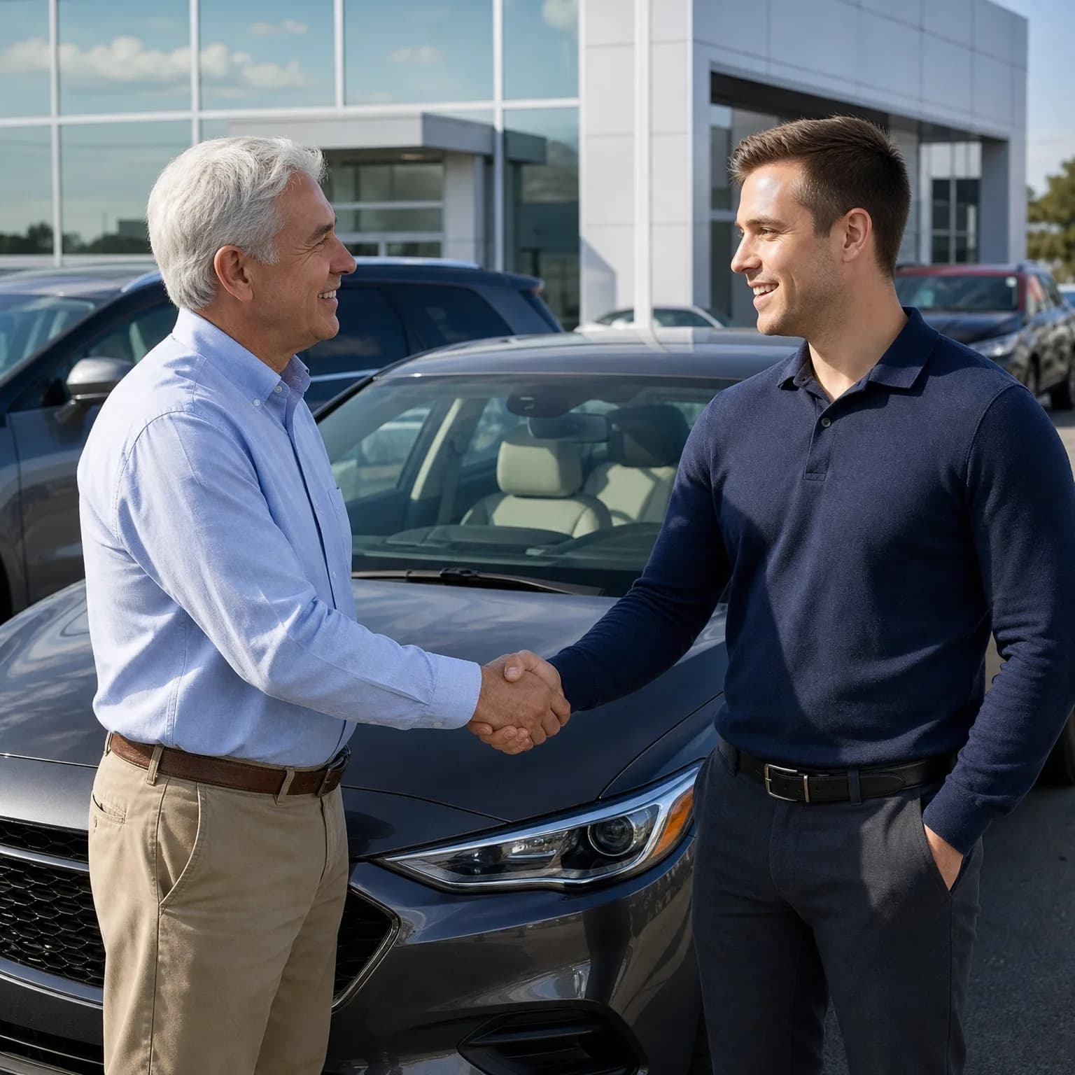 Two men shake hands in front of a gray sedan parked outside a glass-fronted building, with other vehicles nearby.