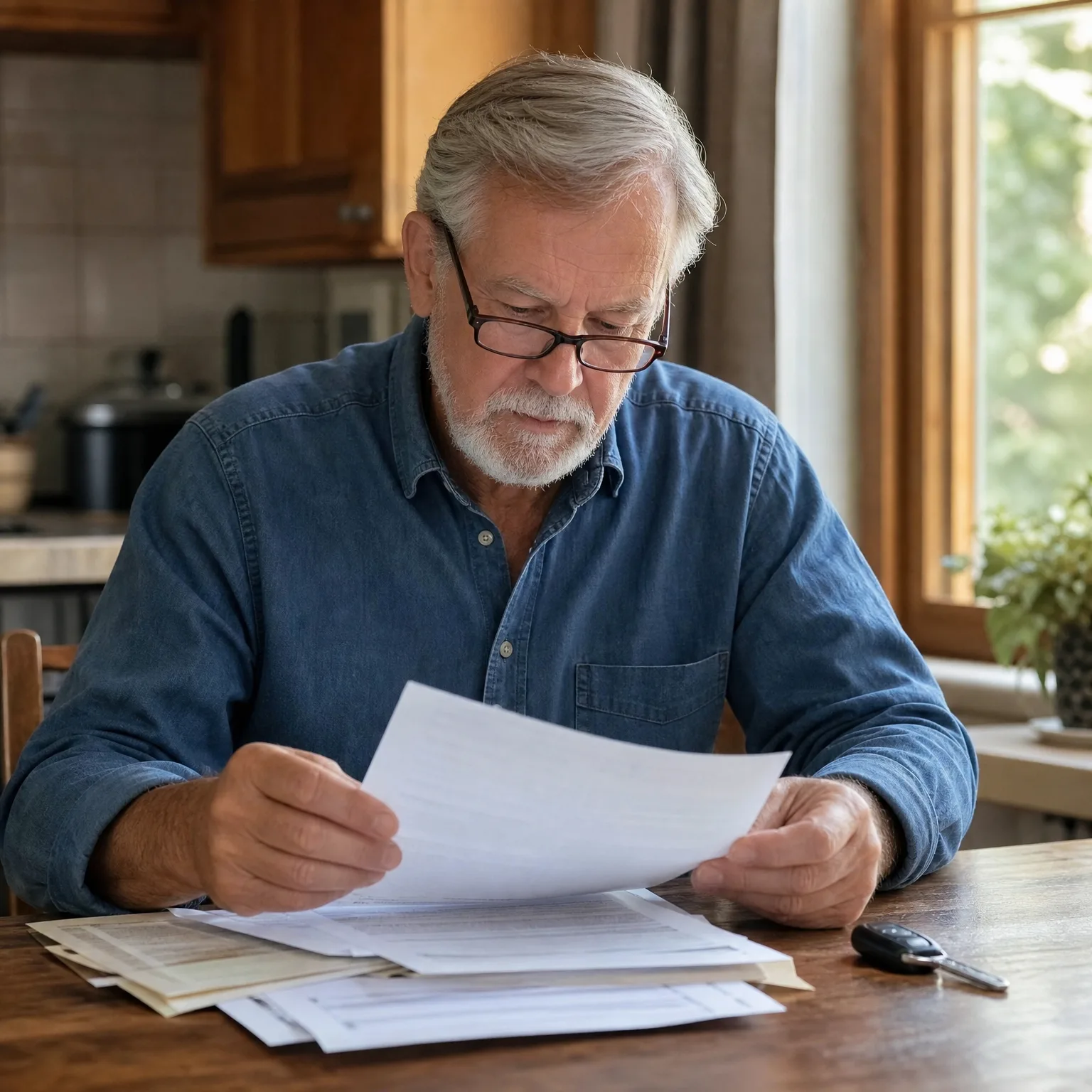 An older man with gray hair, beard, and glasses, wearing a blue denim shirt, sits at a wooden kitchen table reading a sheet of paper, with more documents and a car key fob on the table and a window with greenery behind him.