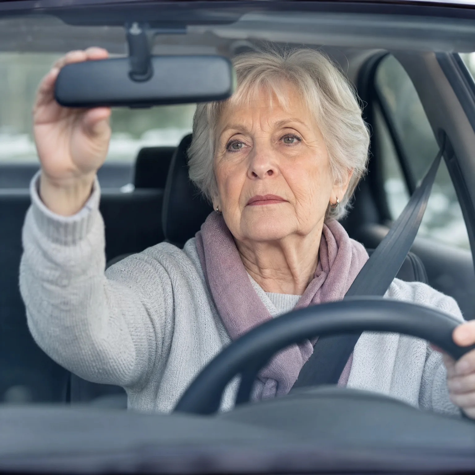 An older woman with short grey hair, wearing a light knit sweater and a pink scarf, sits in a car's driver seat adjusting the rear-view mirror with one hand while holding the steering wheel with the other, seen through the windshield.