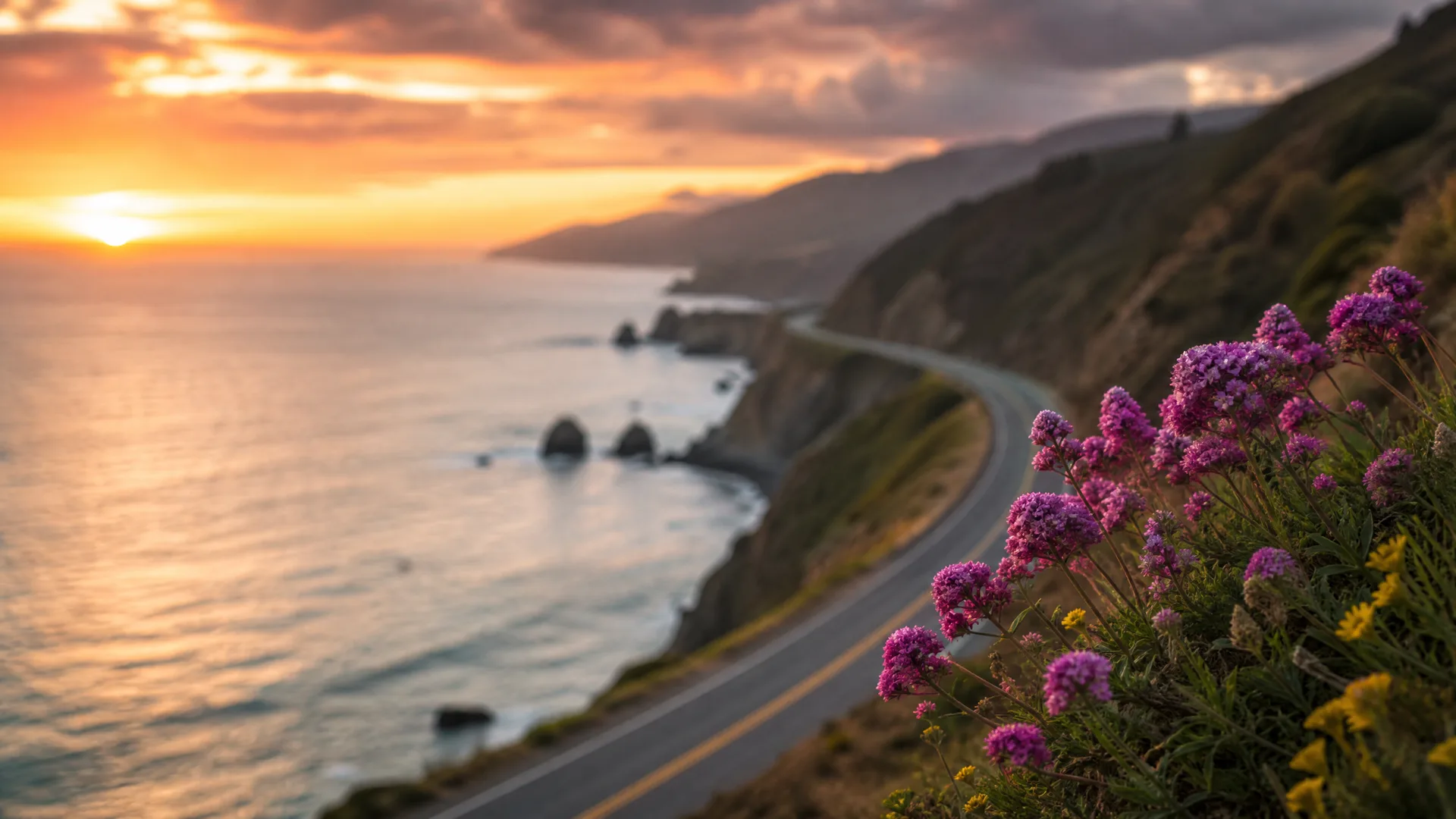 A winding two-lane coastal road curves along steep cliffs above the ocean at sunset, with pink and yellow wildflowers in sharp focus in the right foreground.