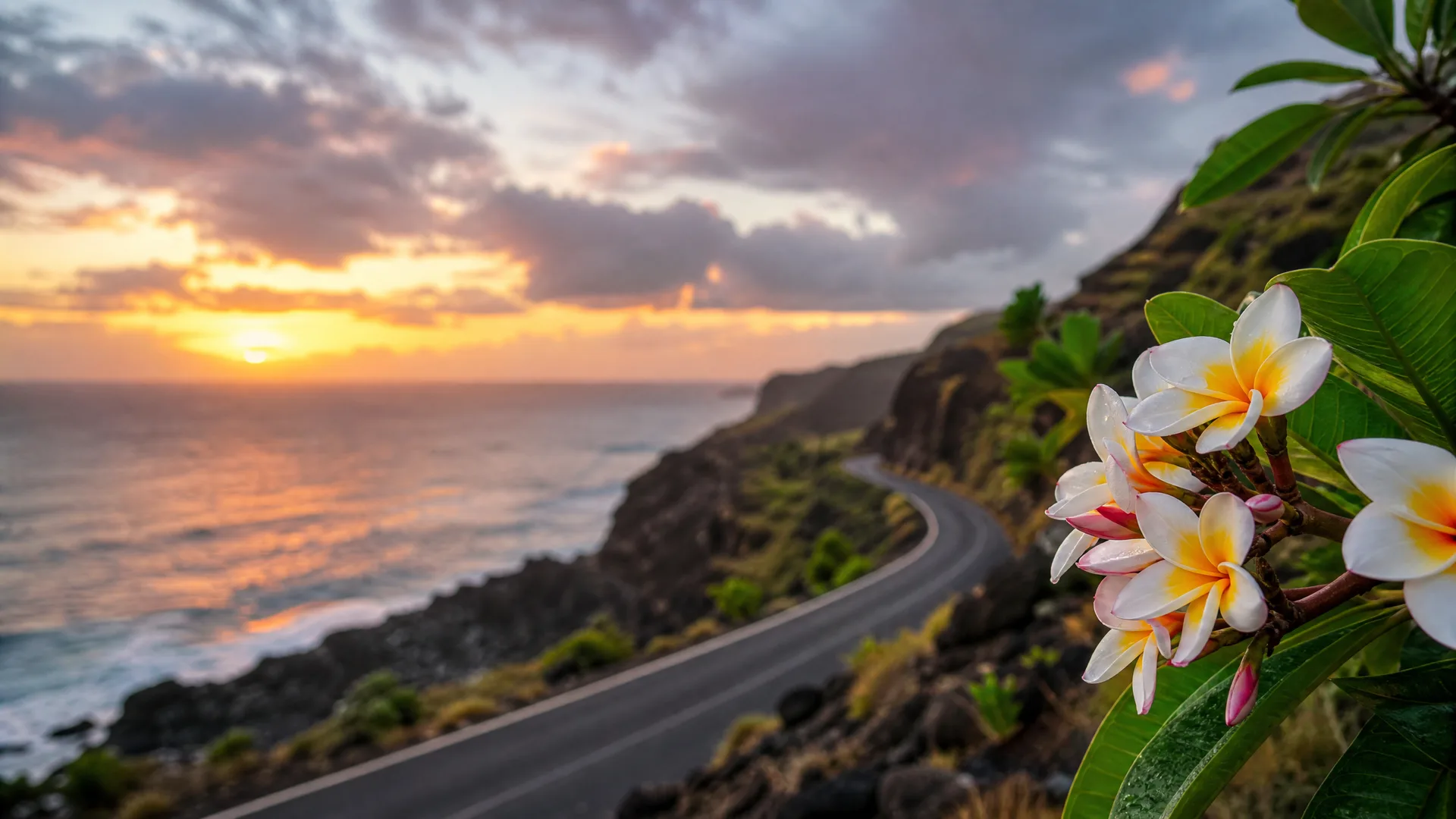 A winding coastal road along a rocky cliff above the ocean at sunset, with white and yellow frangipani flowers and green leaves in sharp focus in the right foreground.