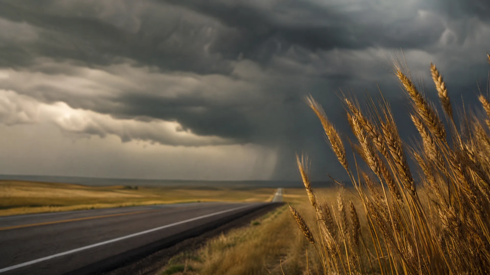 A two-lane paved road with a yellow center line runs across flat grassland toward the horizon under heavy dark storm clouds, with golden grain stalks in sharp focus in the right foreground.