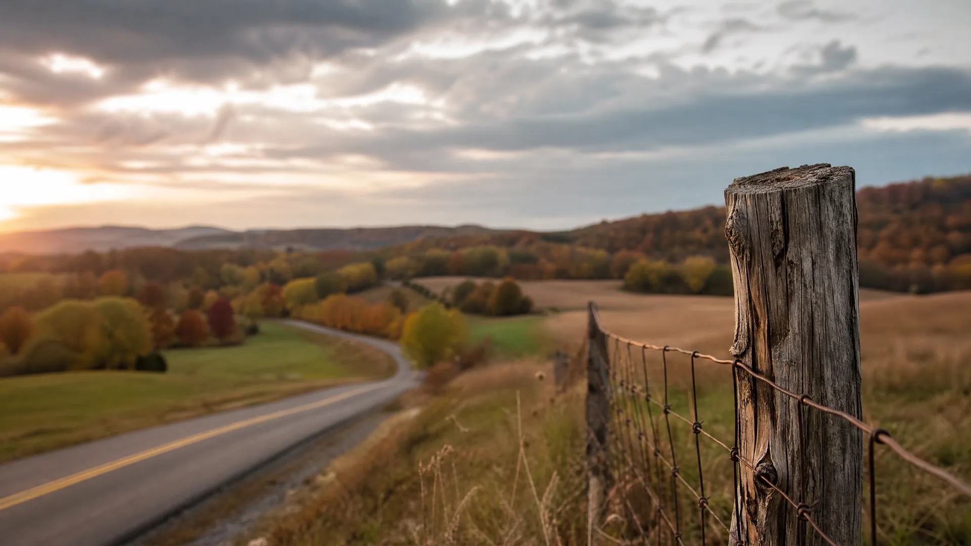A weathered wooden fence post with rusted wire fencing in the foreground, with a curving two-lane road passing through rolling hills of autumn-colored trees and fields under a cloudy sky at sunset.