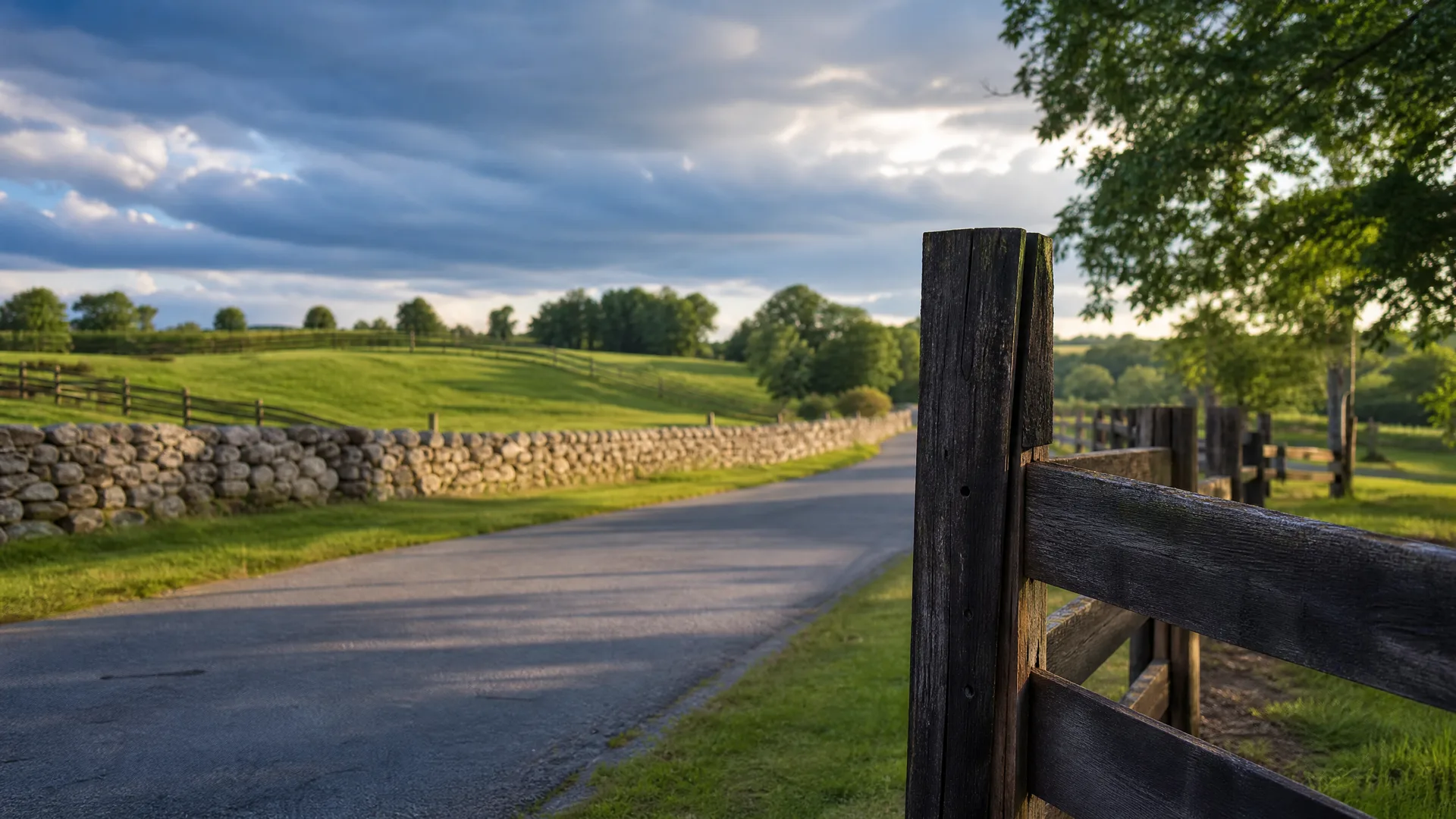 A paved country road runs beside a dry stone wall and grassy fields, with a weathered wooden post-and-rail fence in the foreground right and cloudy sky above.